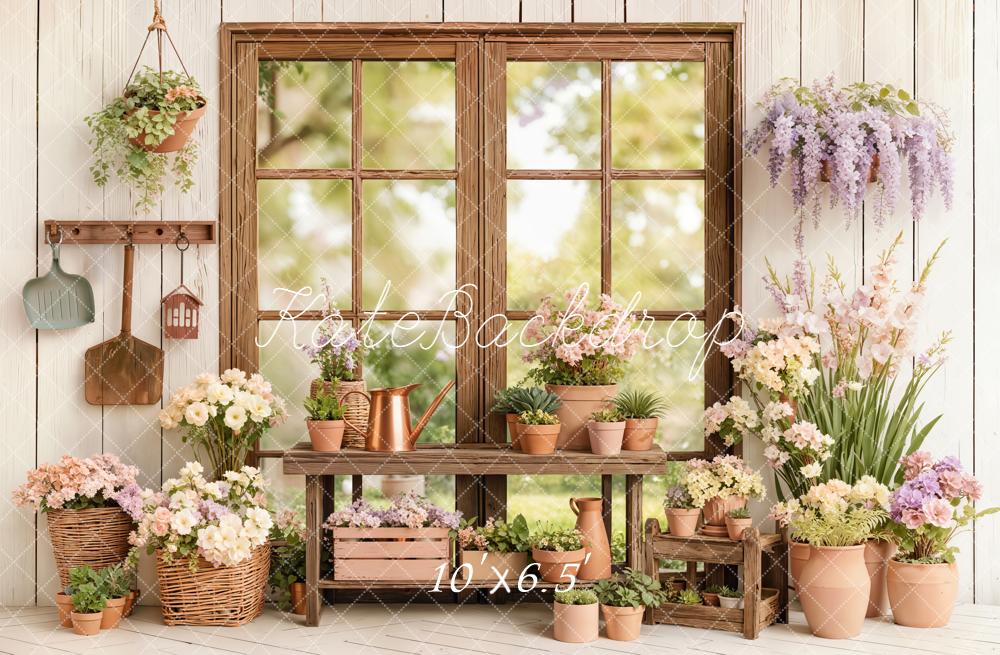 Kate Spring Flowers Pots Wooden Window Fleece Backdrop Designed by Emetselch - Image 2