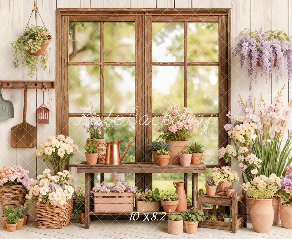 Kate Spring Flowers Pots Wooden Window Fleece Backdrop Designed by Emetselch - Image 3