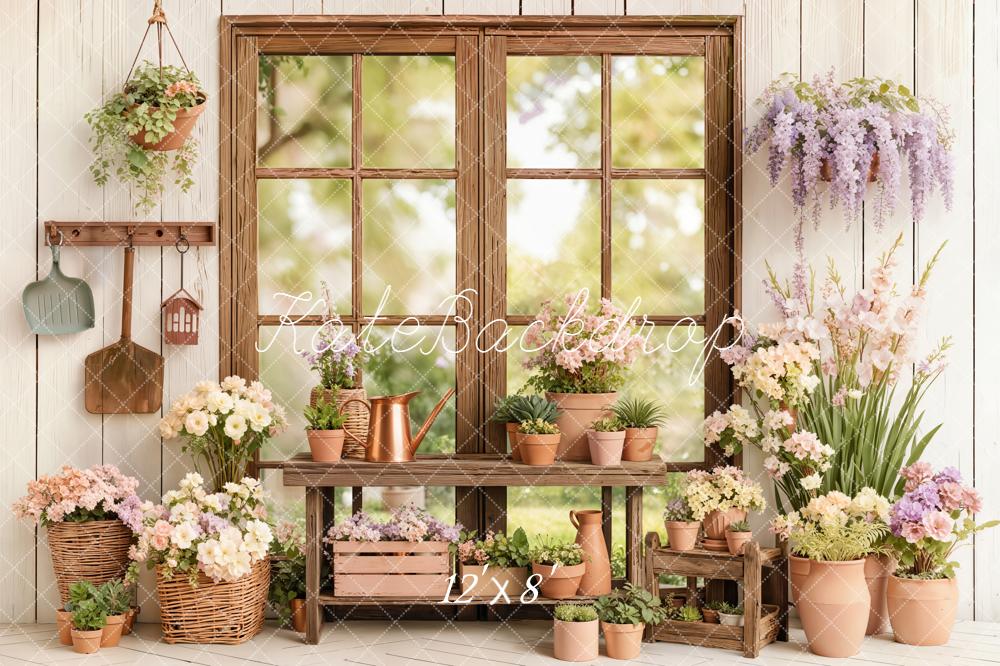 Kate Spring Flowers Pots Wooden Window Fleece Backdrop Designed by Emetselch - Image 4