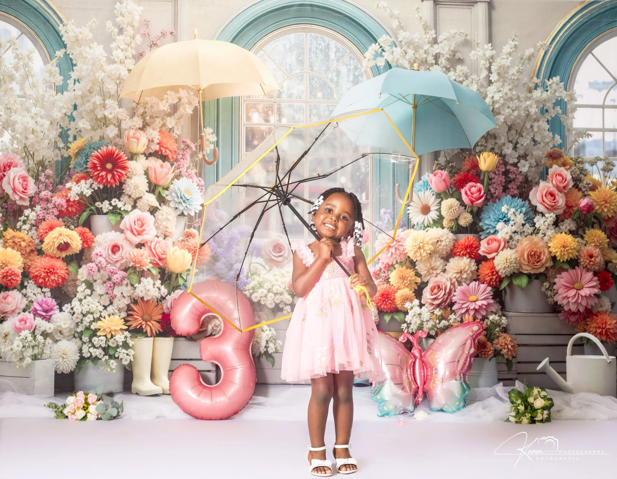 Kate Spring Flowers Umbrellas Boots Window Backdrop Designed by Mini MakeBelieve - Image 6