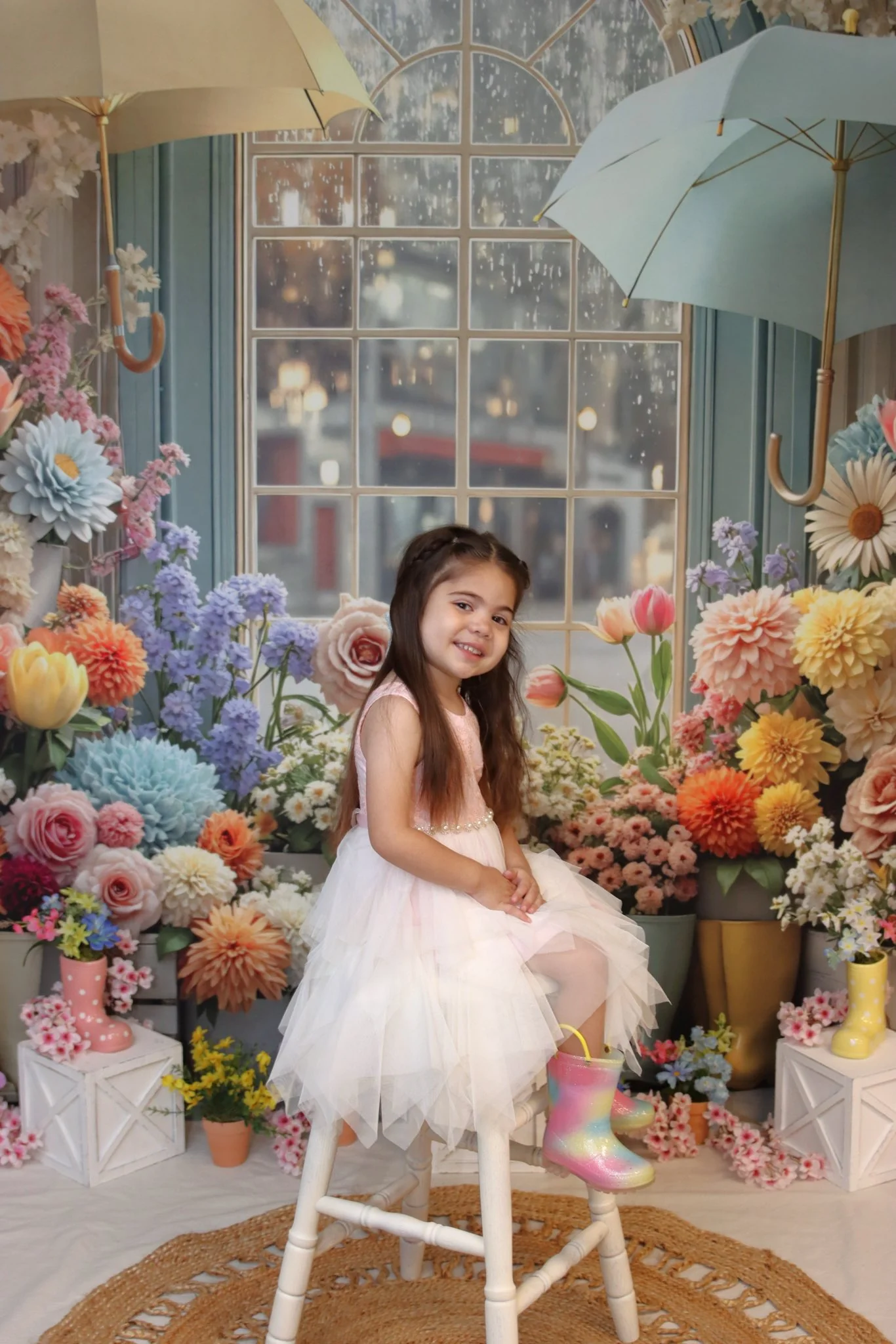 Kate Spring Flowers Umbrellas Boots Window Backdrop Designed by Mini MakeBelieve - Image 7