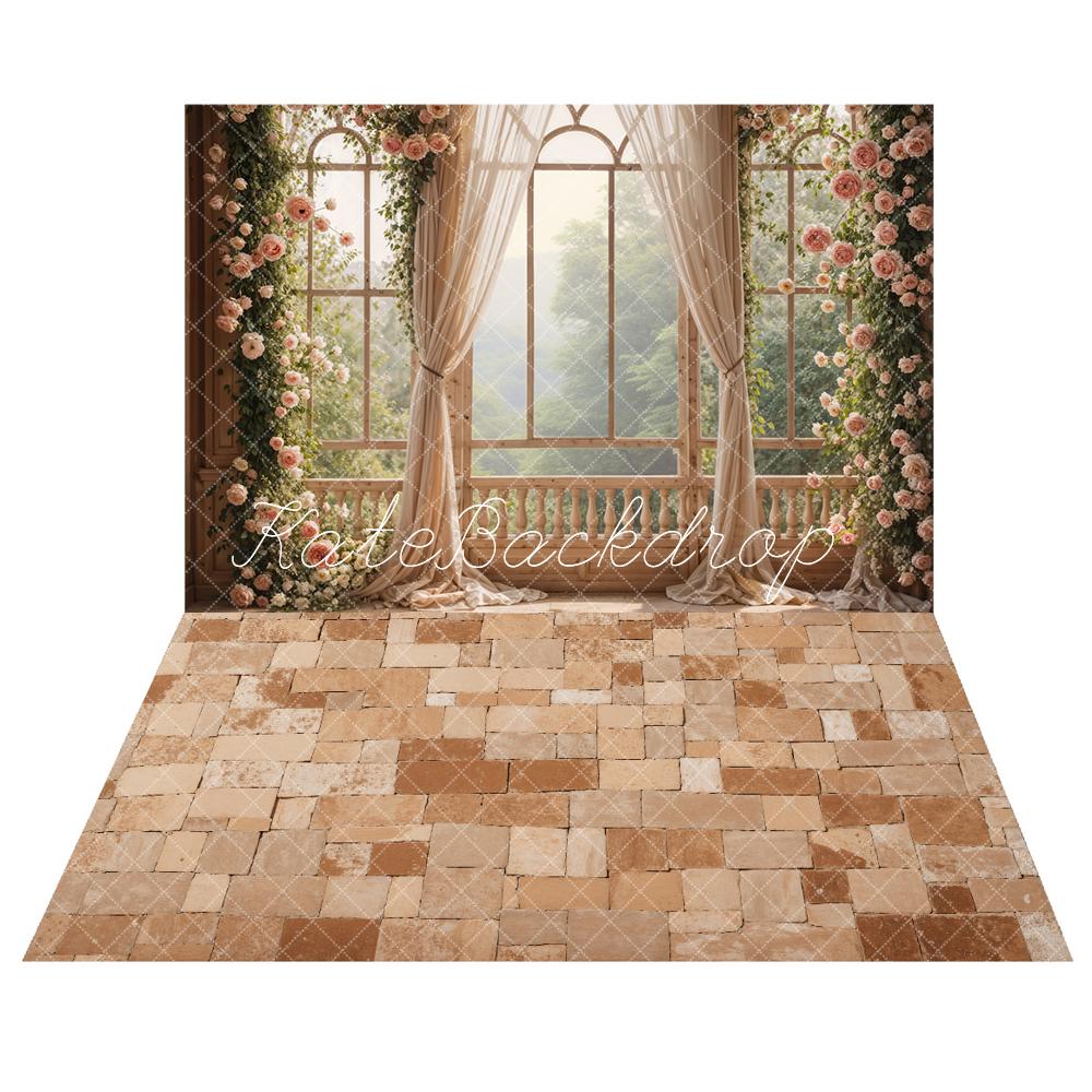 Kate Spring Flowers Window Room Backdrop+Distressed Brick Floor Backdrop - Image 2