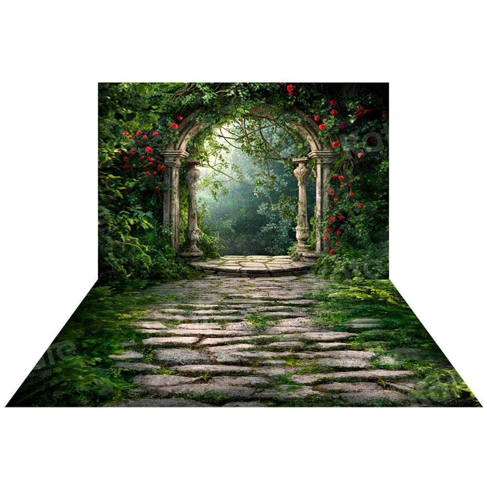 Kate Spring Forest Greenery Flowers Arch Backdrop+Green Grass Stone Floor Backdrop - Image 2