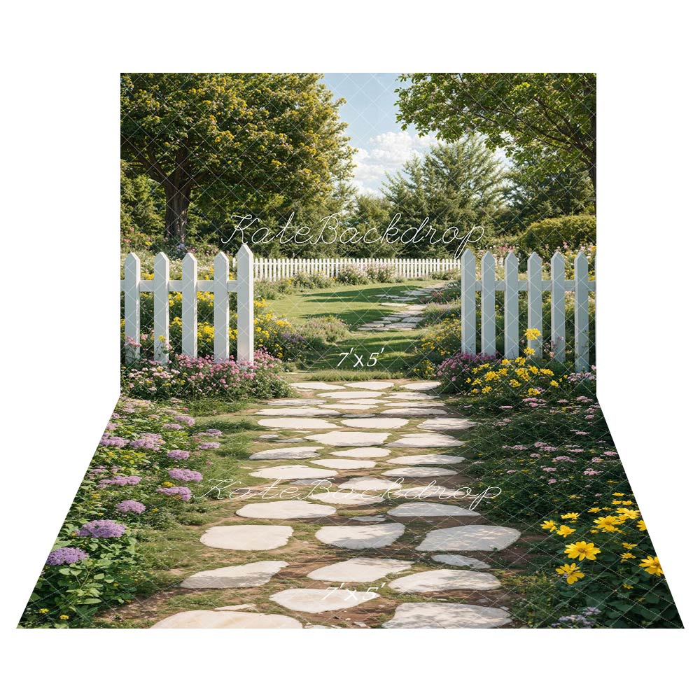 Kate Spring Garden Path White Fence Backdrop+Stone Floral Garden Floor Backdrop - Image 2
