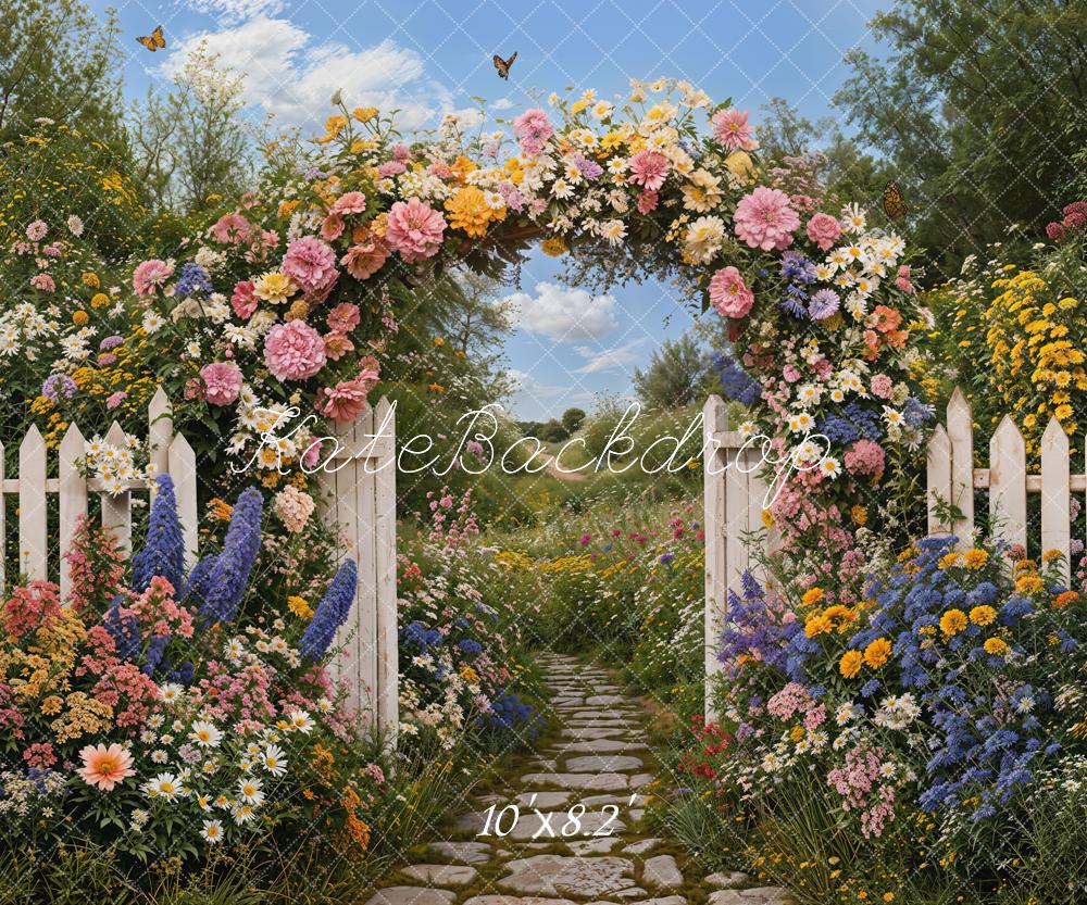 Kate Spring Garden Path White Fence Fleece Backdrop Designed by Emetselch - Image 3