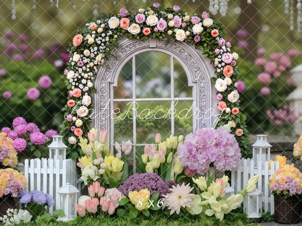 Kate Spring Garden Window White Fence Pastel Backdrop Designed by Mini MakeBelieve - Image 3