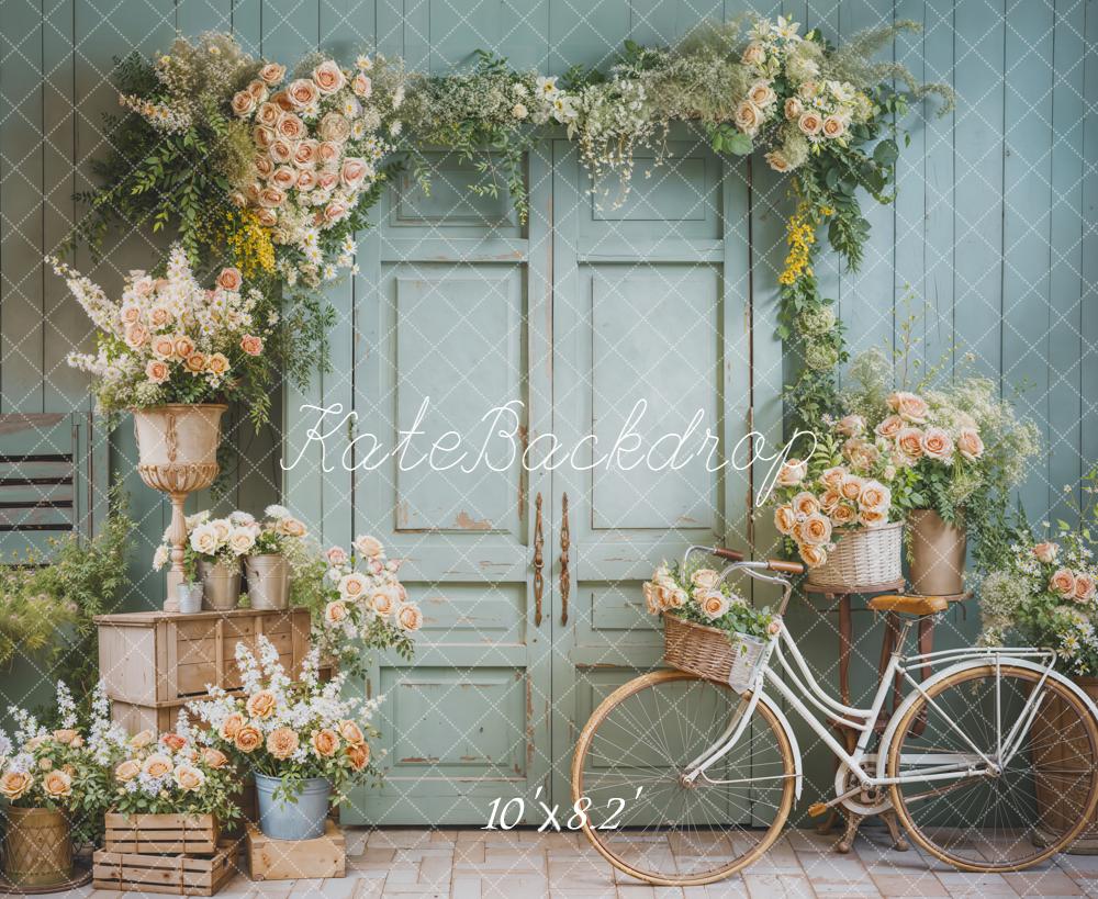 Kate Spring Garland Bicycle Vintage Blue Fleece Backdrop Designed by Emetselch - Image 3