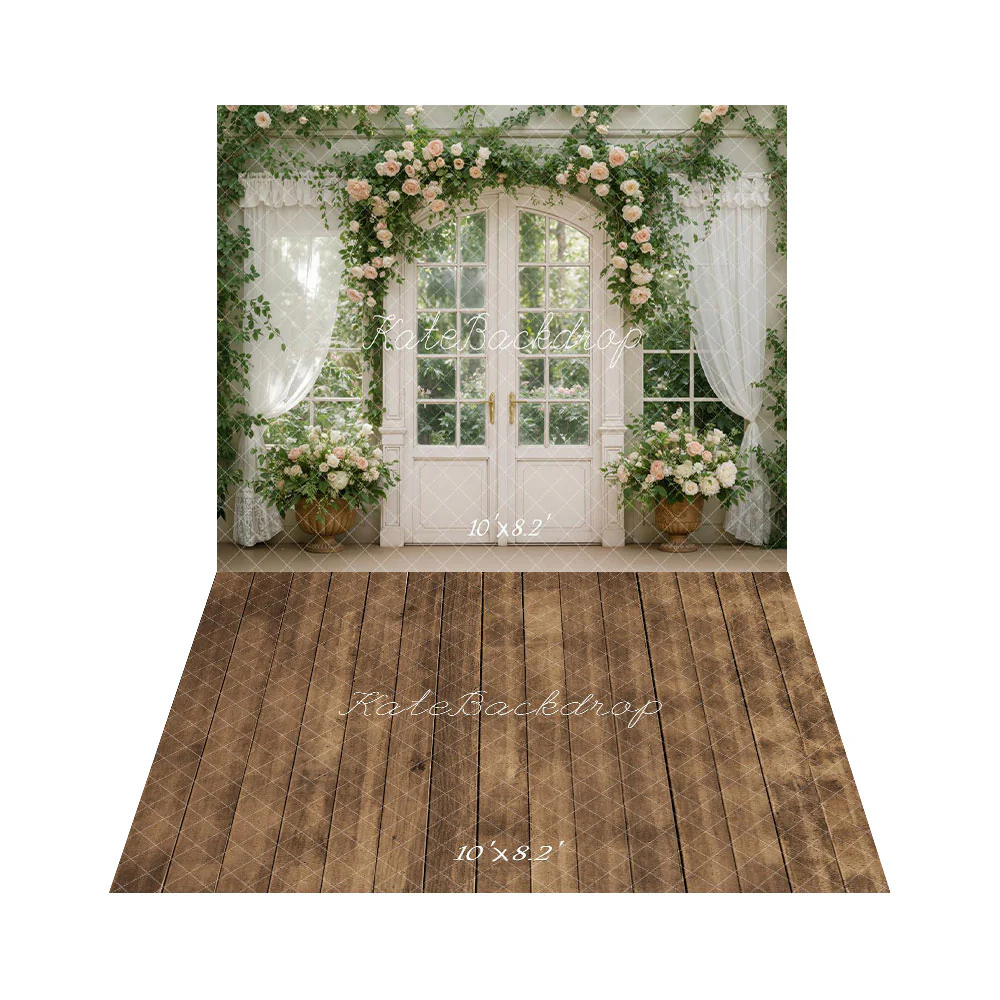 Kate Spring Garland Door Curtains Greenery Backdrop+Wood Plank Brown Floor Backdrop - Image 3
