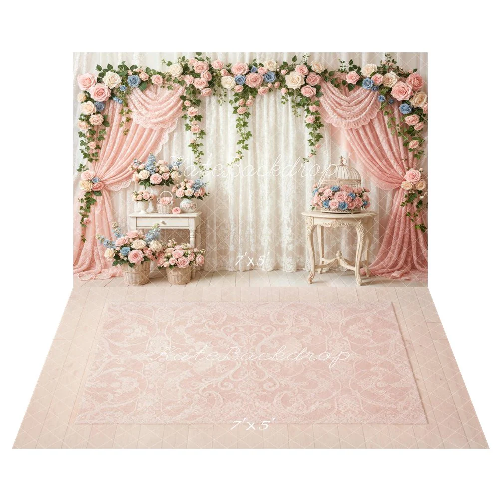 Kate Spring Garland Pink Drapes Floral Backdrop+Pink Damask Floor Backdrop - Image 2