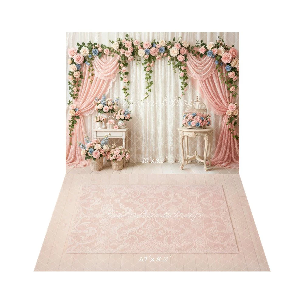 Kate Spring Garland Pink Drapes Floral Backdrop+Pink Damask Floor Backdrop - Image 3