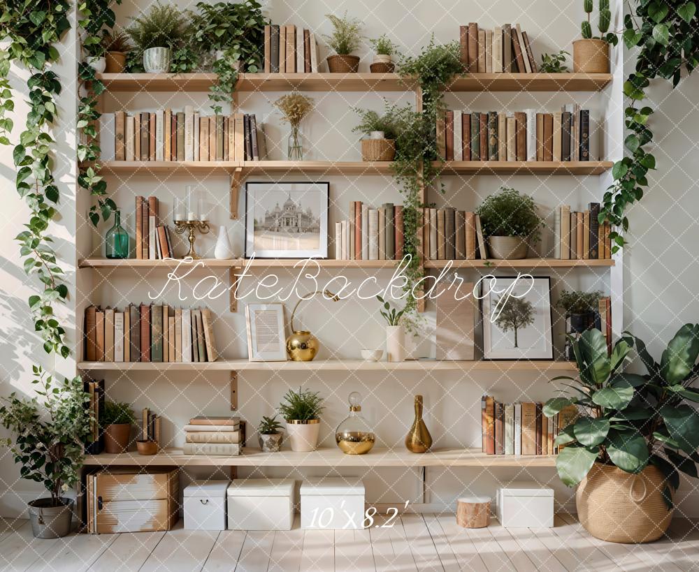 Kate Spring Green Plant Wooden Bookshelf Backdrop Designed by Emetselch - Image 5