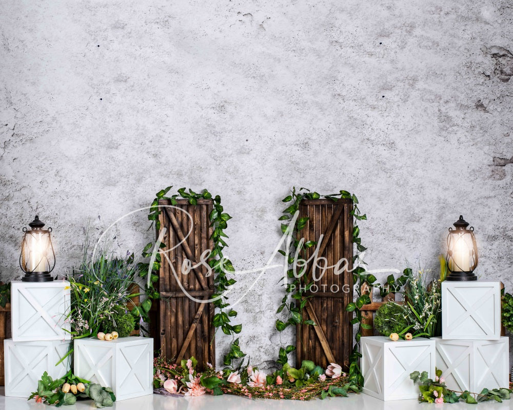 Kate Spring Green Plants Wooden Door Backdrop Designed By Rose Abbas - Image 2
