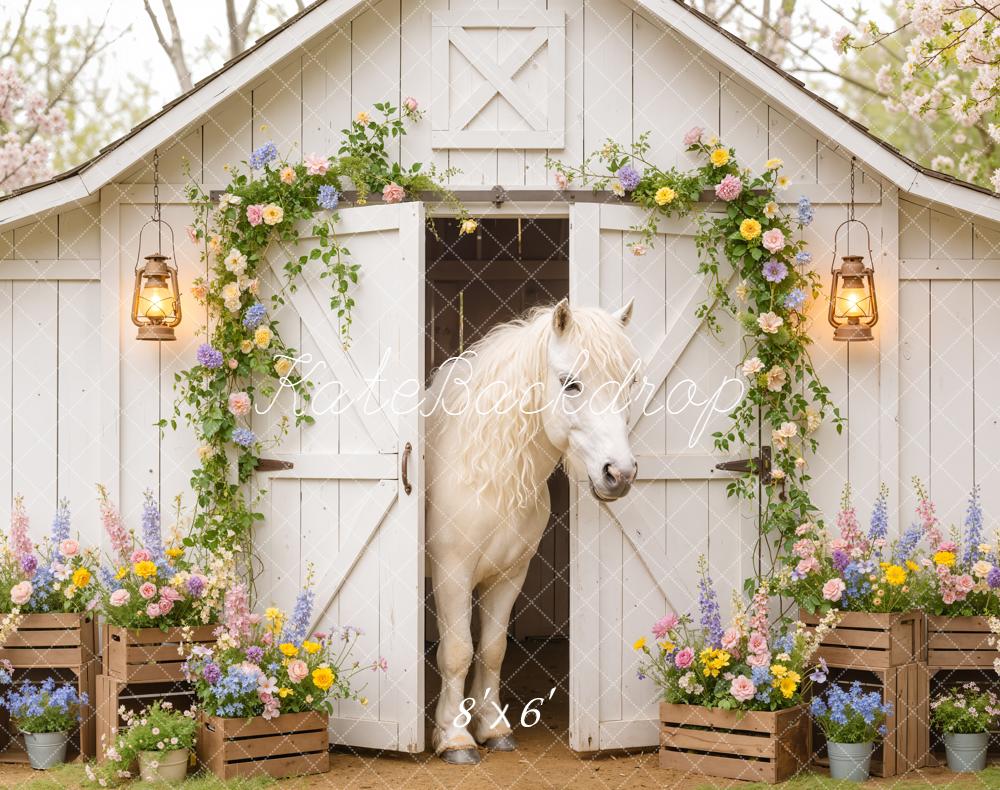 Kate Spring Horse White Barn Fleece Backdrop Designed by Emetselch