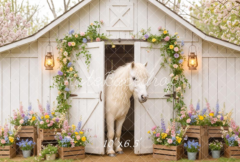Kate Spring Horse White Barn Fleece Backdrop Designed by Emetselch - Image 2