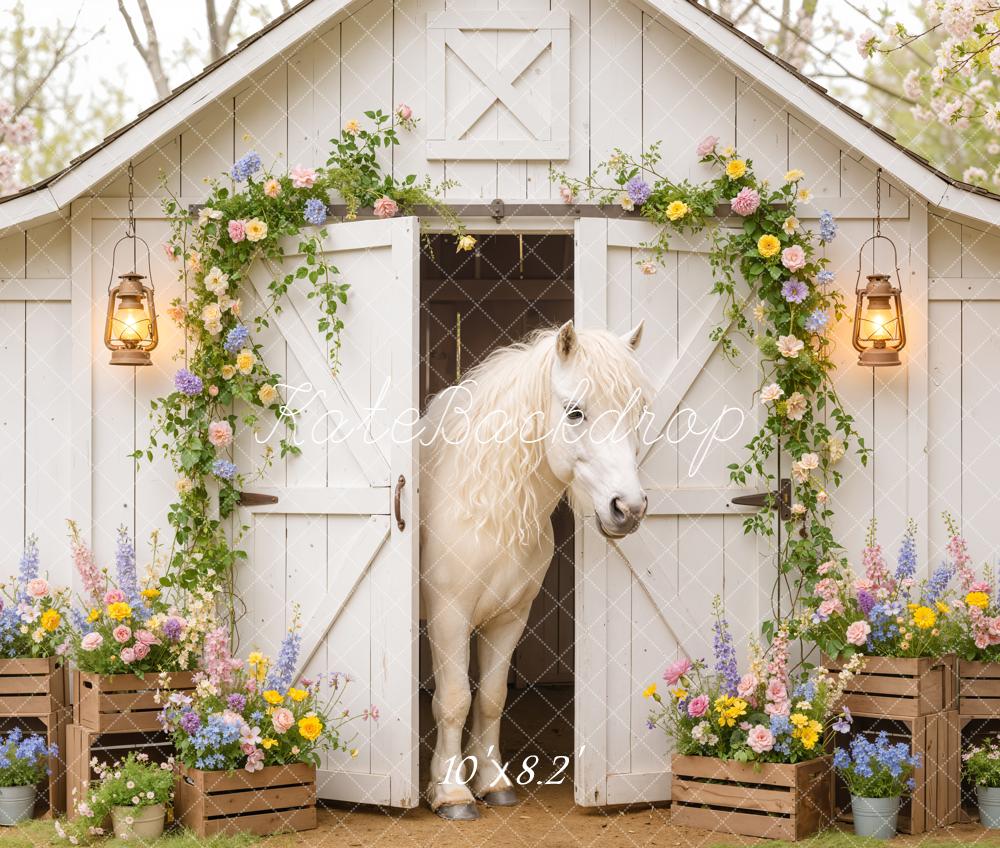 Kate Spring Horse White Barn Fleece Backdrop Designed by Emetselch - Image 3
