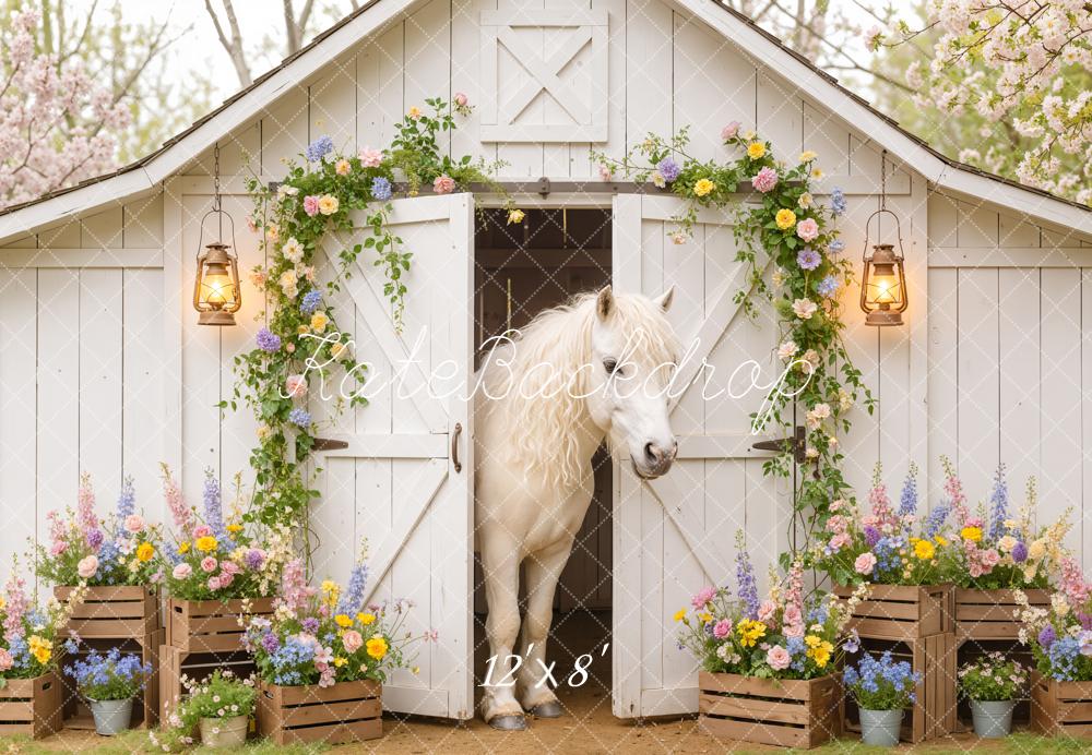 Kate Spring Horse White Barn Fleece Backdrop Designed by Emetselch - Image 4