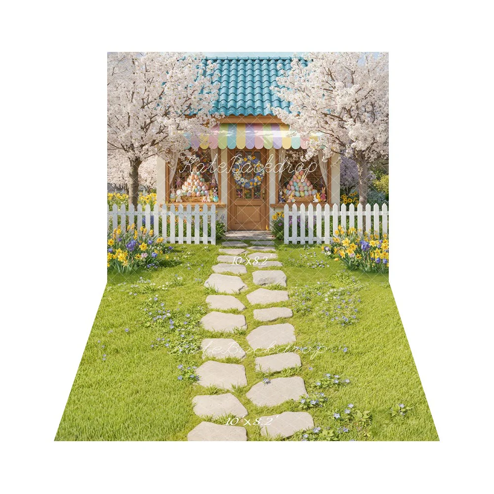 Kate Spring House Cherry Blossom Backdrop+Stone Pathway Grass Floor Backdrop - Image 2