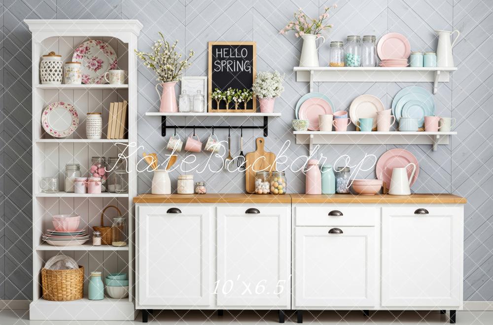 Kate Spring Kitchen White Cabinet Crockery Fleece Backdrop Designed by Patty Robert - Image 2