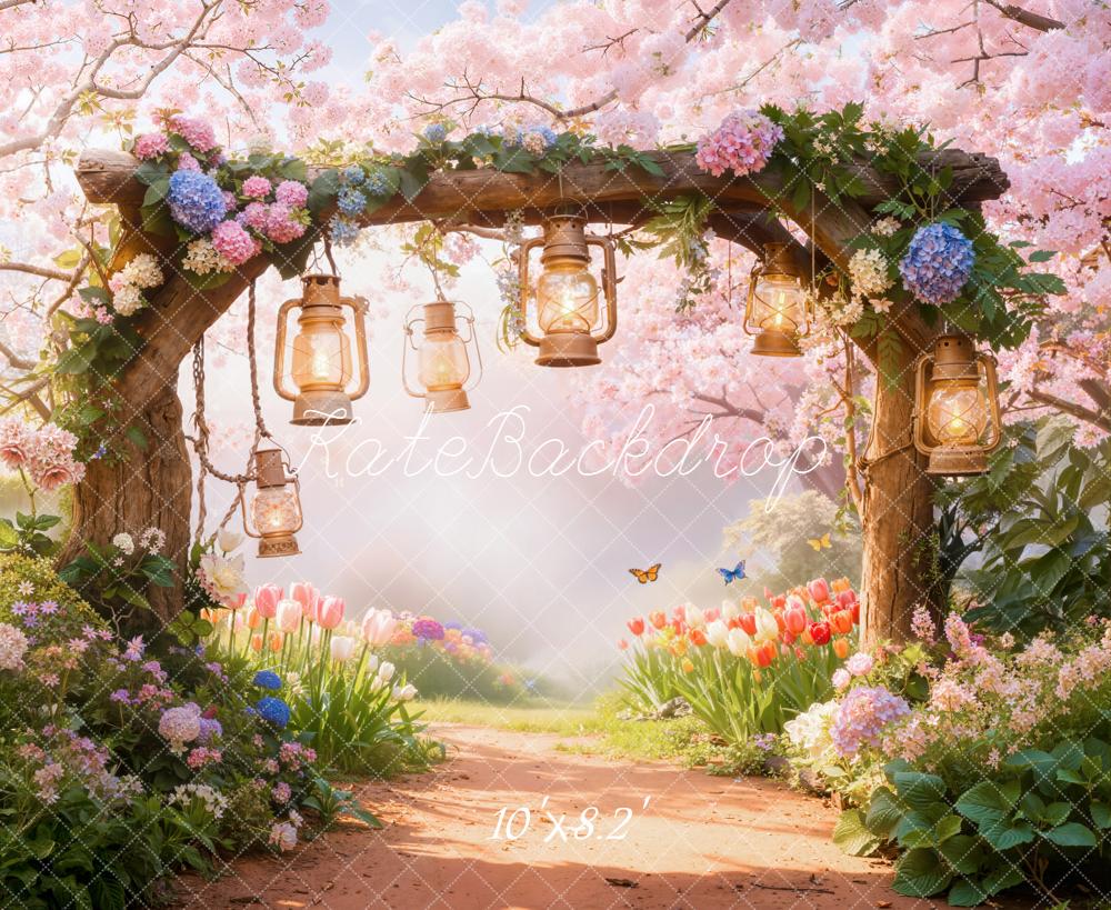 Kate Spring Lanterns Pink Blossoms Fleece Backdrop Designed by Emetselch - Image 3