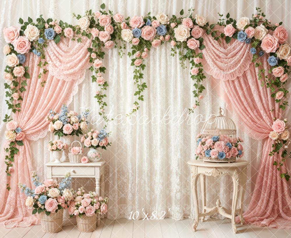 Kate Spring Pastel Roses Arch Birdcage Fleece Backdrop Designed by Emetselch - Image 3