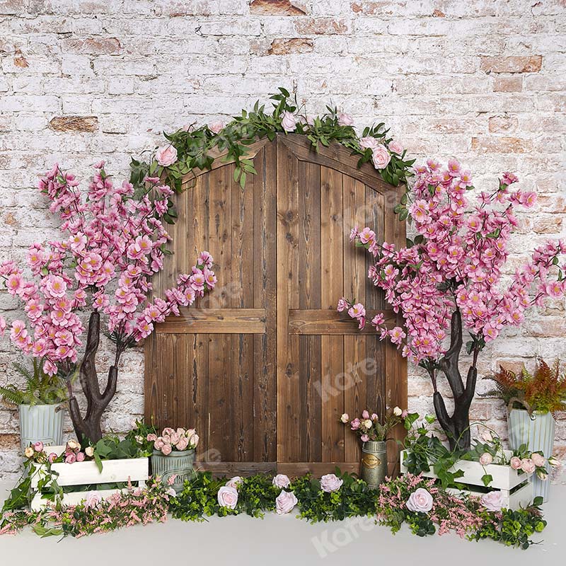 Kate Spring Peach Blossom Wood Door Brick Wall Backdrop Designed by Emetselch - Image 2