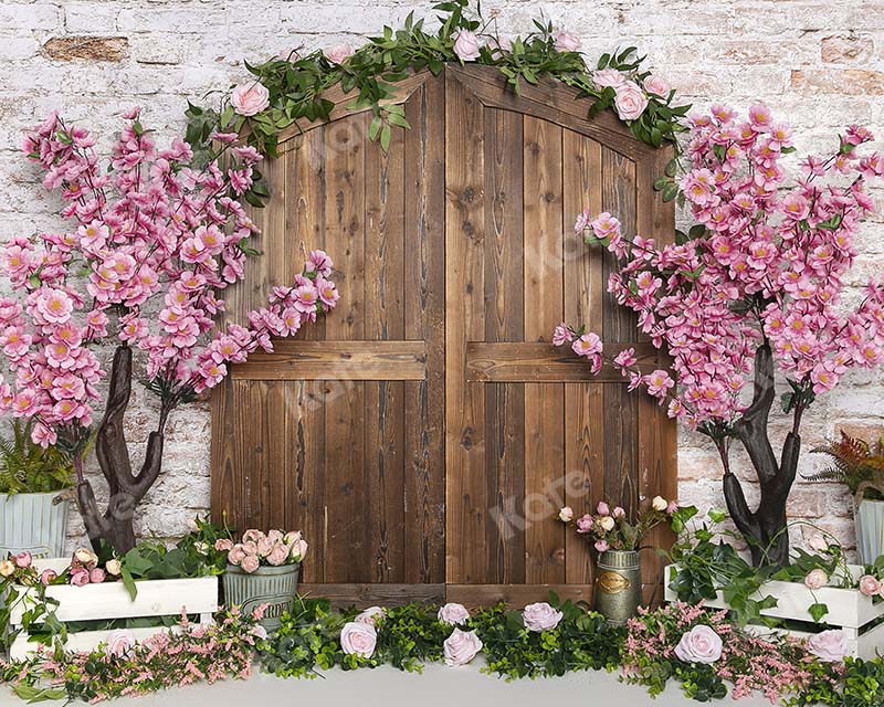 Kate Spring Peach Blossom Wood Door Brick Wall Backdrop Designed by Emetselch - Image 3