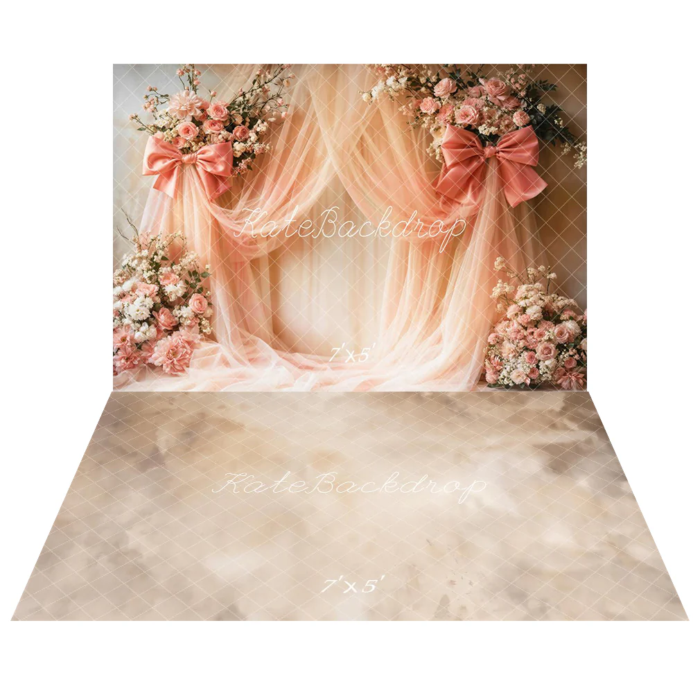Kate Spring Pink Floral Bows Drapes Backdrop+Beige Abstract Texture Floor Backdrop - Image 2