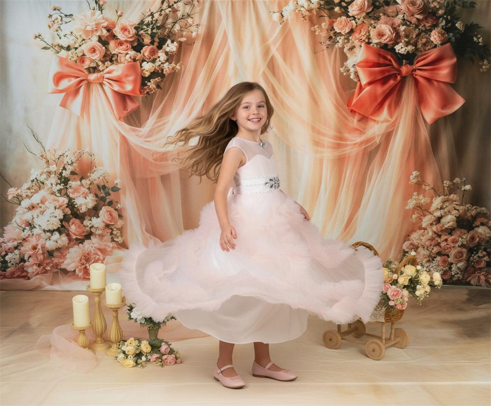 Kate Spring Pink Floral Bows Drapes Backdrop+Beige Abstract Texture Floor Backdrop - Image 3