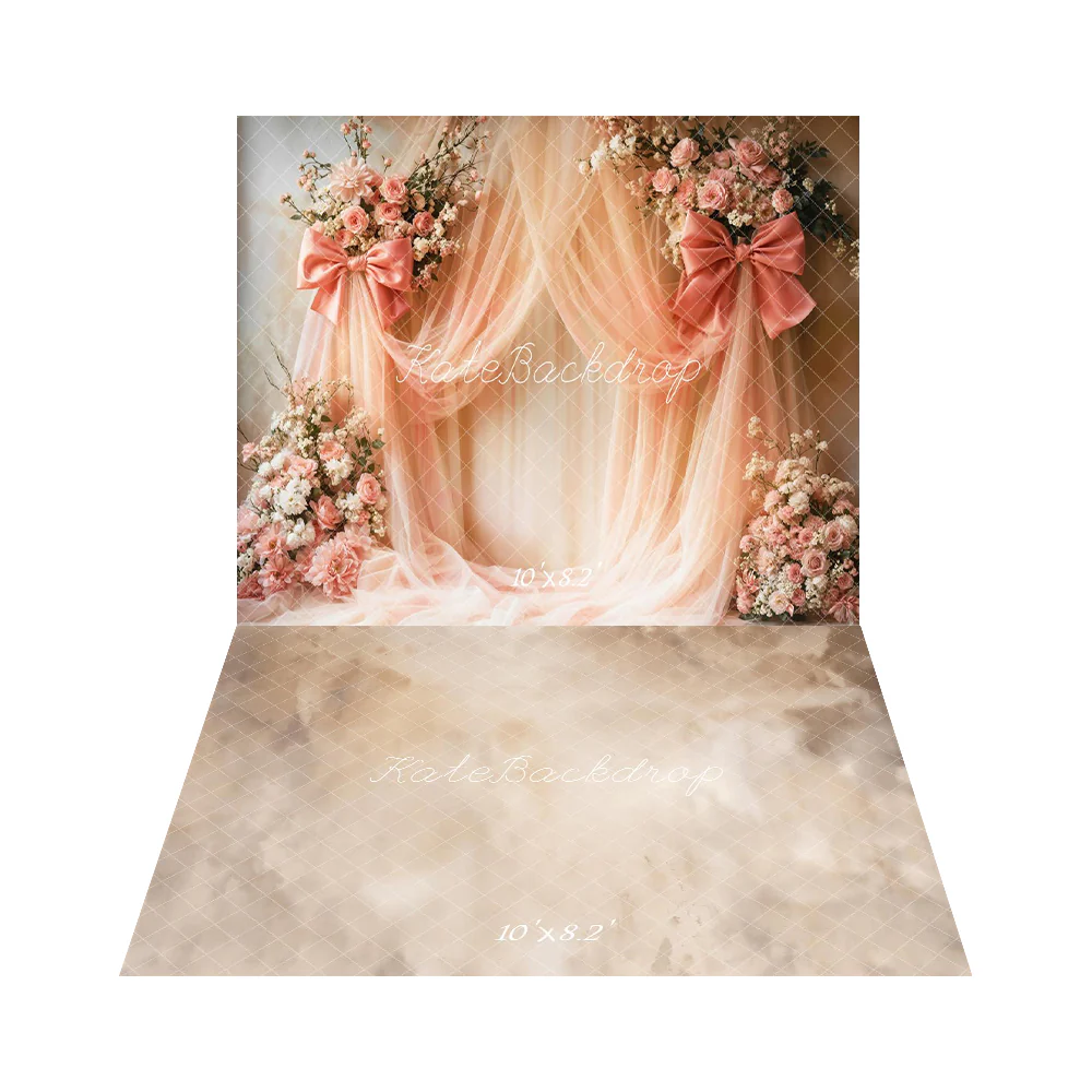 Kate Spring Pink Floral Bows Drapes Backdrop+Beige Abstract Texture Floor Backdrop - Image 4