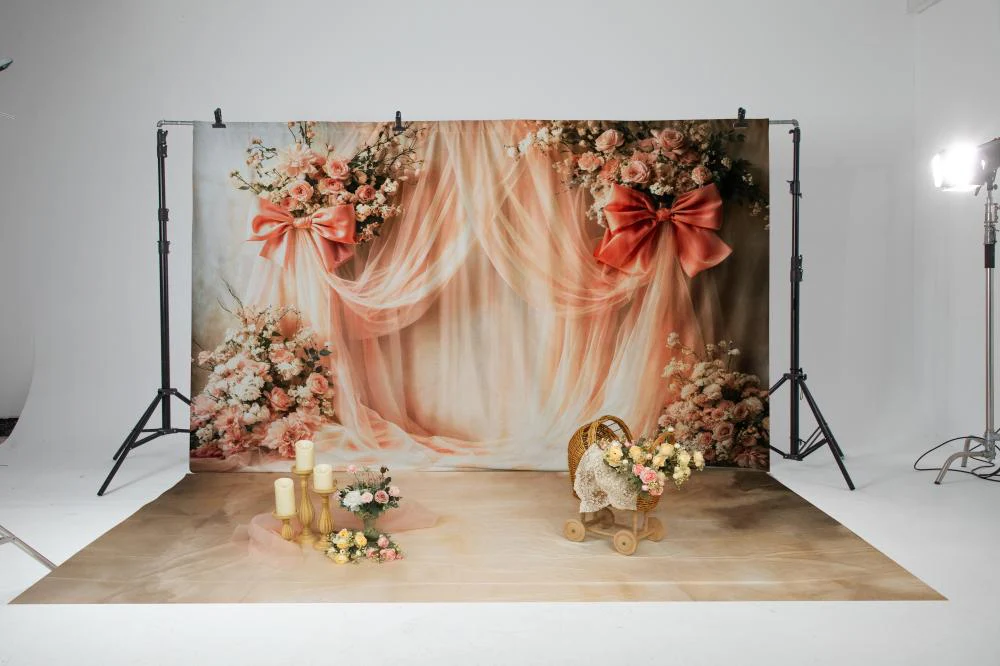 Kate Spring Pink Floral Bows Drapes Backdrop+Beige Abstract Texture Floor Backdrop - Image 5