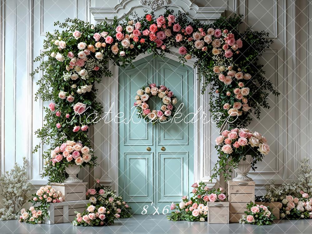 Kate Spring Pink Roses Garland Mint Door Backdrop Designed by Mini MakeBelieve - Image 3