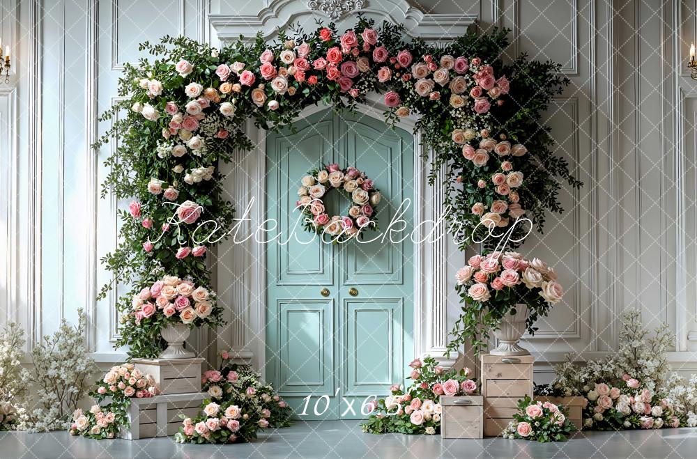 Kate Spring Pink Roses Garland Mint Door Backdrop Designed by Mini MakeBelieve - Image 4