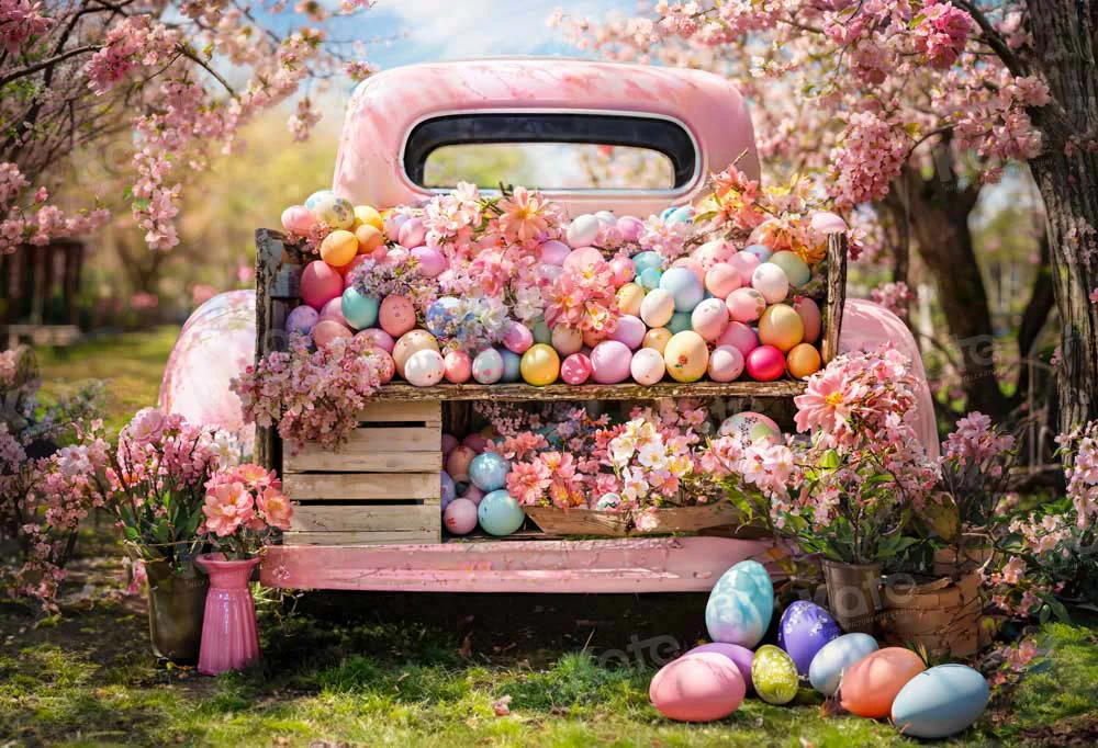 Kate Spring Pink Truck Colorful Easter Egg Backdrop Designed by Emetselch - Image 2