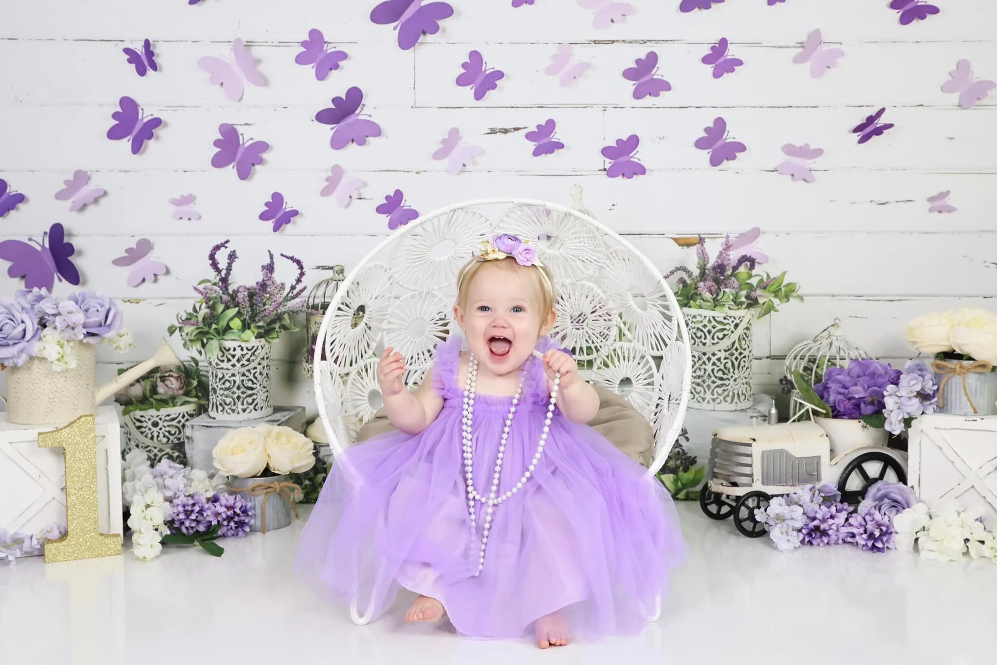Kate Spring Purple Butterfly Plants White Wall Backdrop Designed By Arica Kirby