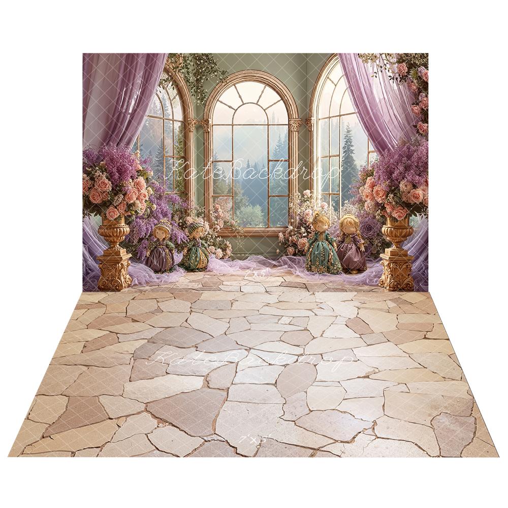 Kate Spring Purple Floral Arch Window Dolls Backdrop+Cobblestone Floor Backdrop - Image 2