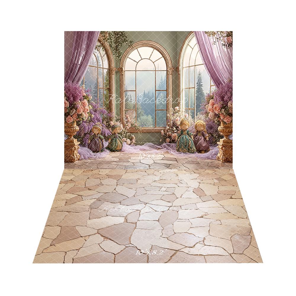 Kate Spring Purple Floral Arch Window Dolls Backdrop+Cobblestone Floor Backdrop - Image 3