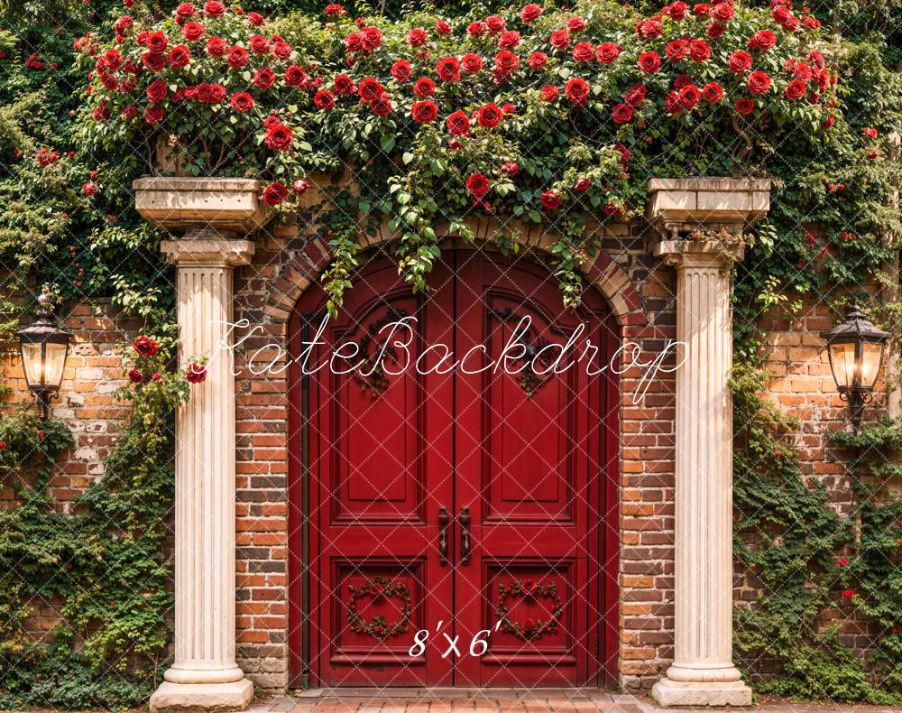 Kate Spring Red Arch Door Floral Fleece Backdrop Designed by Emetselch - Image 2