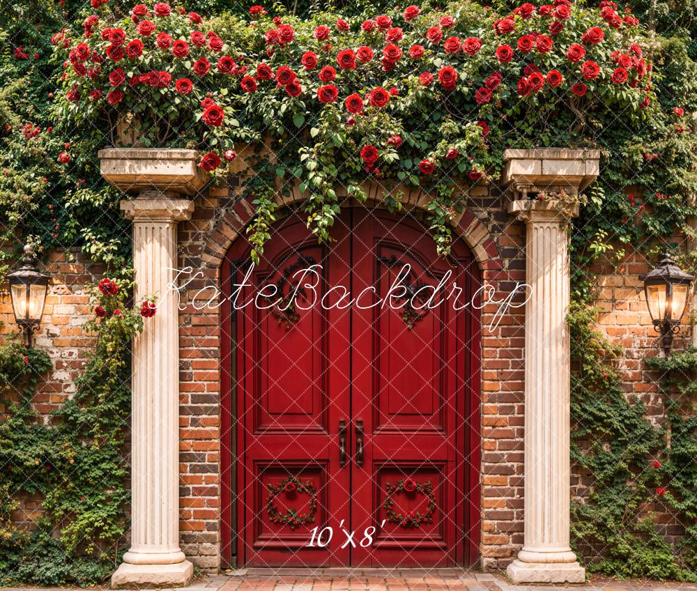Kate Spring Red Arch Door Floral Fleece Backdrop Designed by Emetselch - Image 3