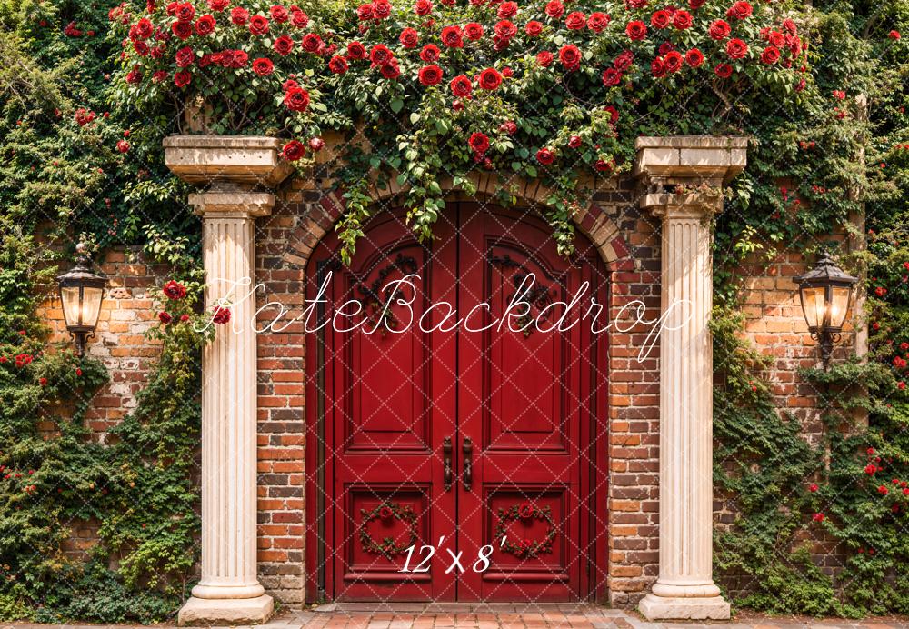 Kate Spring Red Arch Door Floral Fleece Backdrop Designed by Emetselch - Image 4