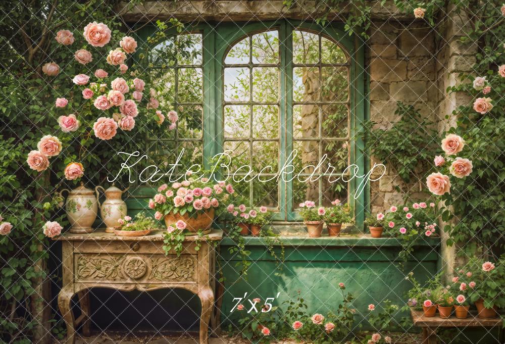 Kate Spring Retro Green Plant Window Backdrop Designed by Emetselch - Image 2