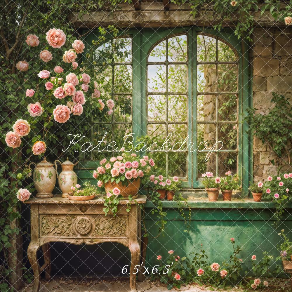 Kate Spring Retro Green Plant Window Backdrop Designed by Emetselch - Image 5