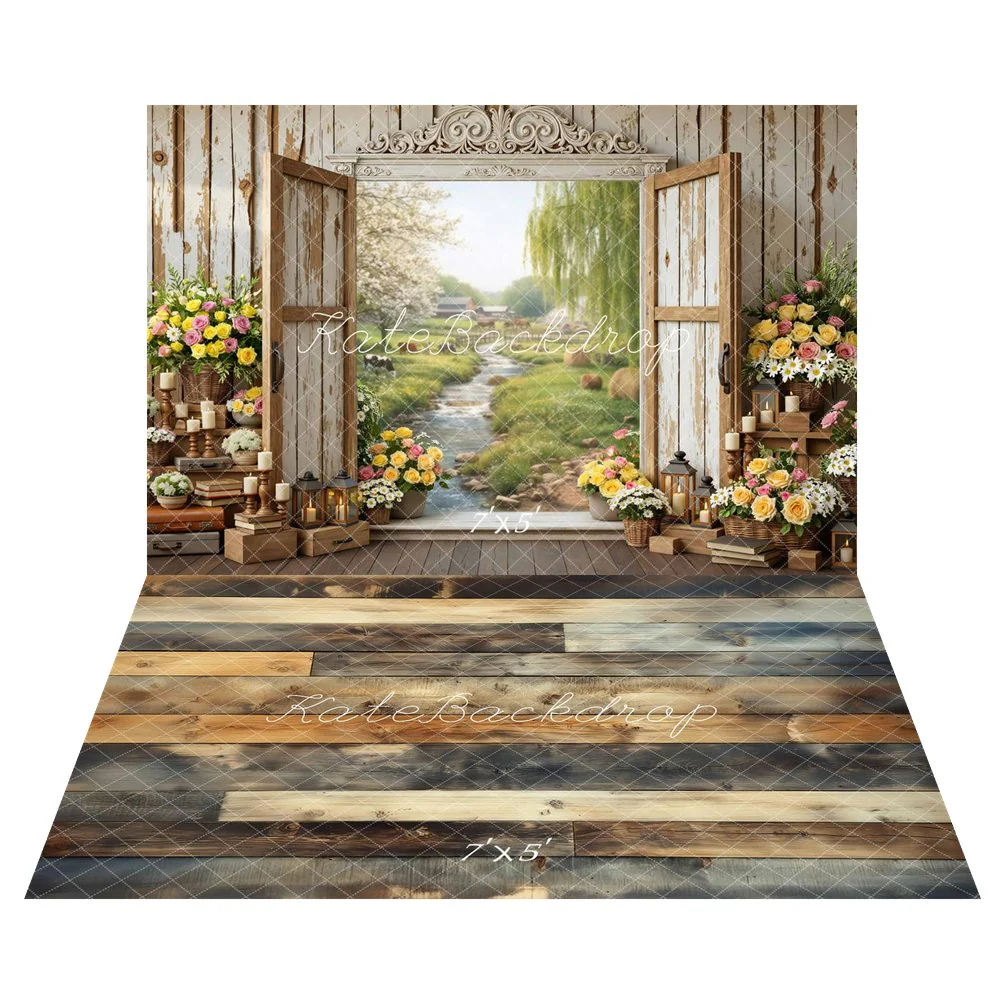 Kate Spring Rustic Window Stream Backdrop+Wood Texture Vintage Floor Backdrop - Image 2