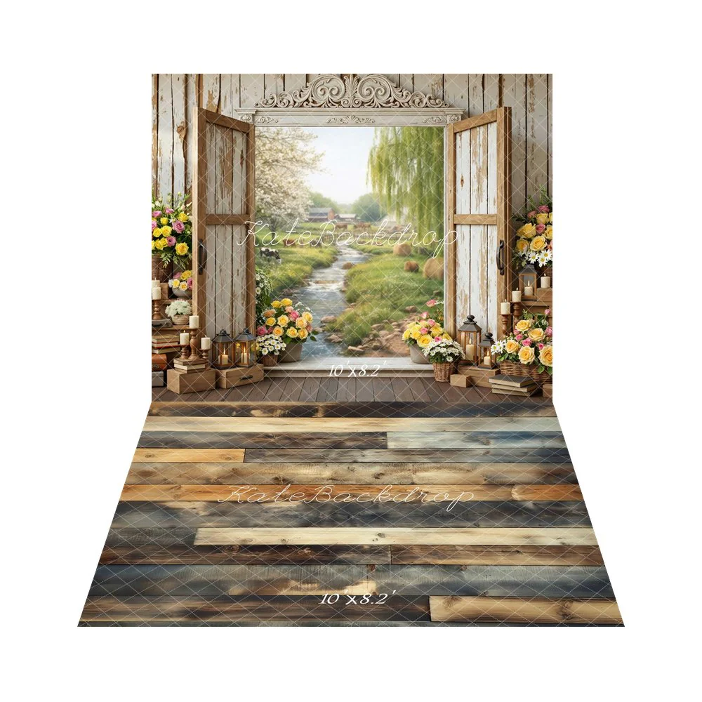 Kate Spring Rustic Window Stream Backdrop+Wood Texture Vintage Floor Backdrop - Image 3