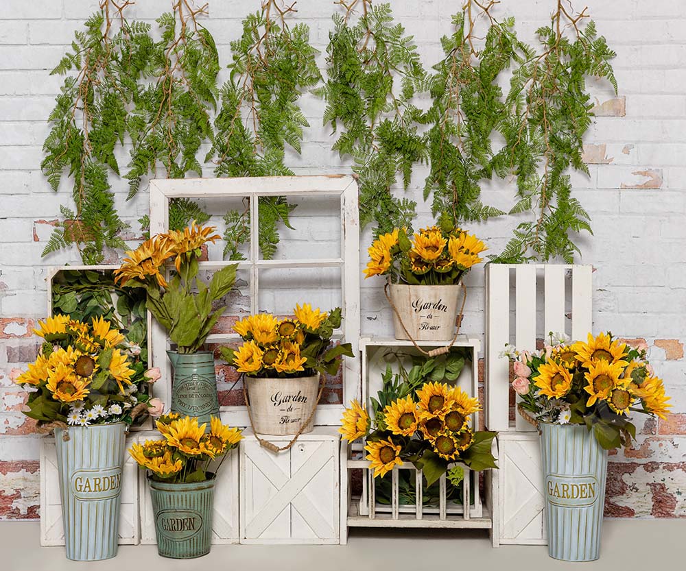 Kate Spring Sunflower Backdrop White Wooden Wall Designed by Emetselch - Image 3