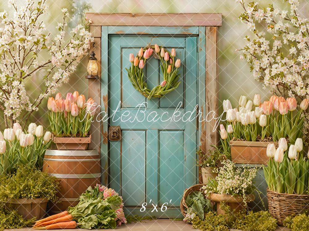 Kate Spring Tulips Blue Door Backdrop Designed by Emetselch - Image 3