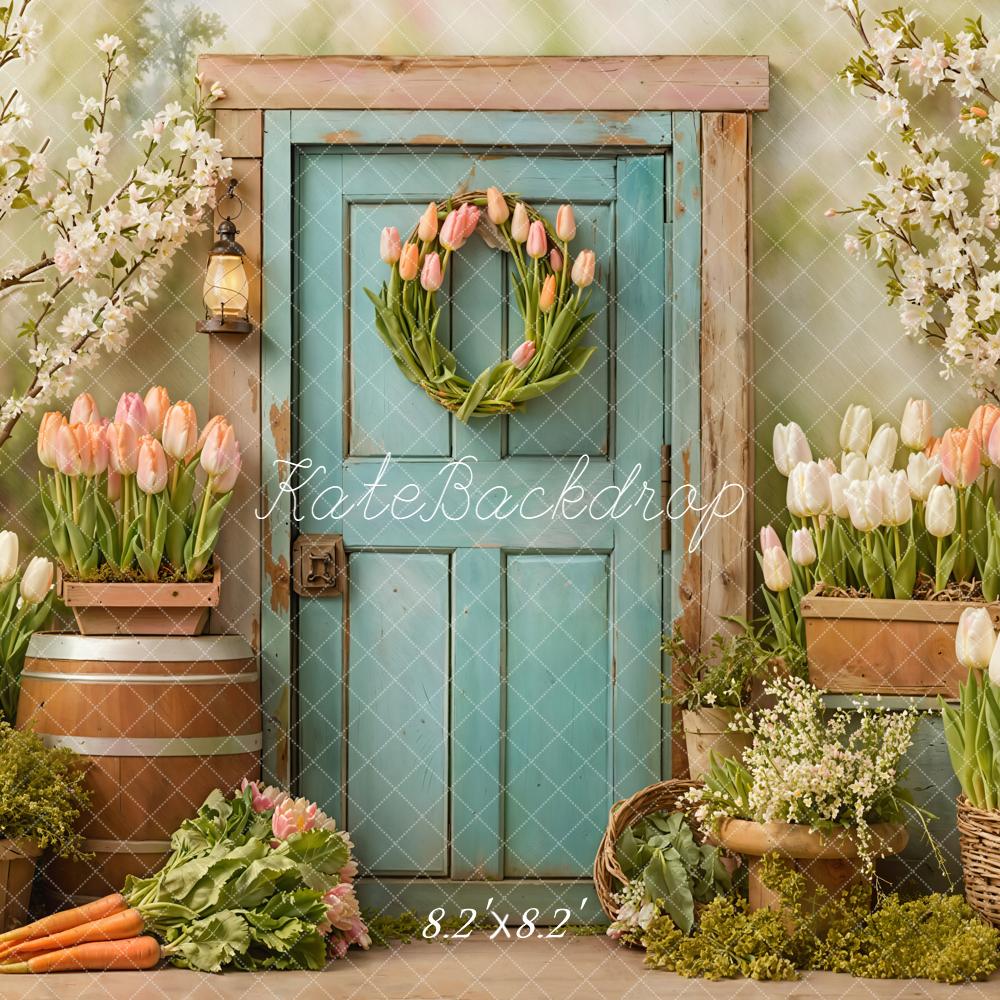Kate Spring Tulips Blue Door Backdrop Designed by Emetselch - Image 5