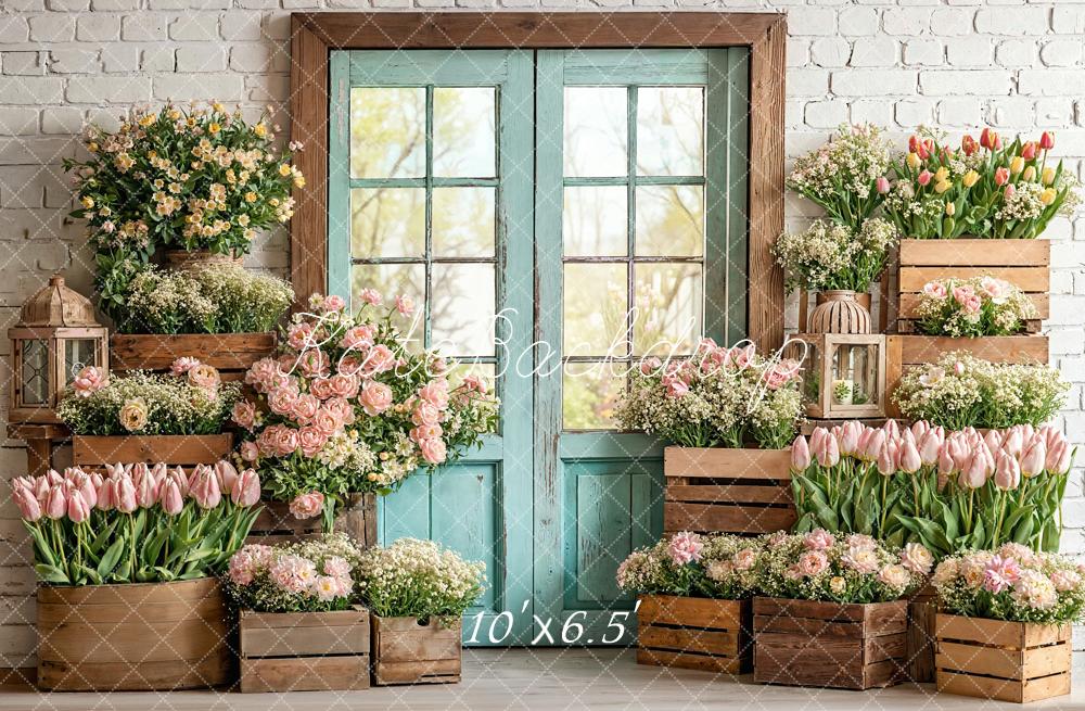 Kate Spring Tulips Wooden Crates Brick Wall Fleece Backdrop Designed by Emetselch - Image 2
