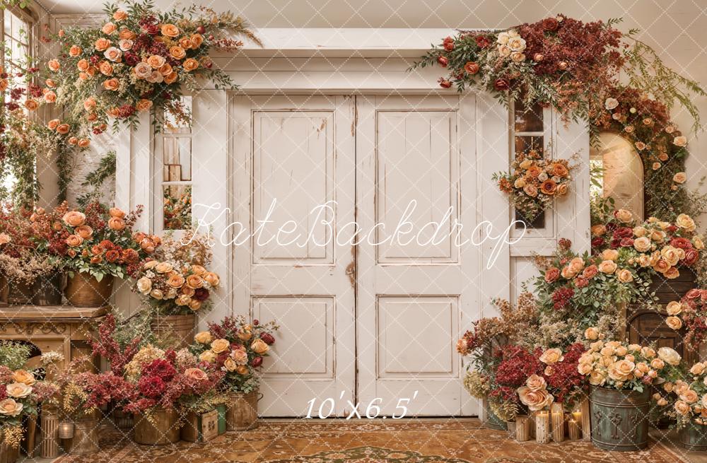 Kate Spring Vintage White Door Floral Fleece Backdrop Designed by Emetselch - Image 2