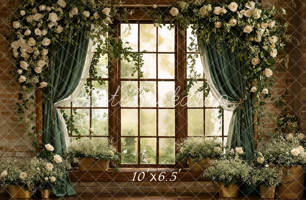 Kate Spring Window Green Curtains Fleece Backdrop Designed by Emstselch - Image 2