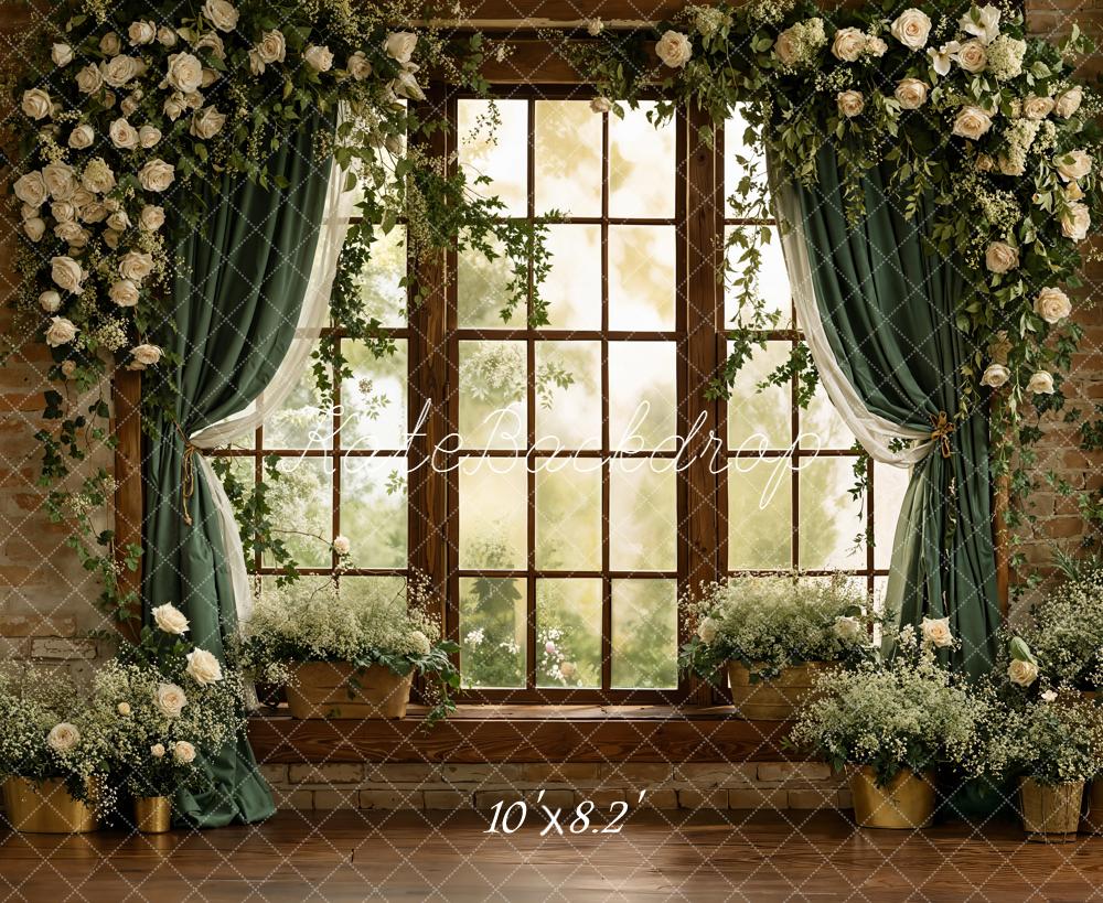 Kate Spring Window Green Curtains Fleece Backdrop Designed by Emstselch - Image 3